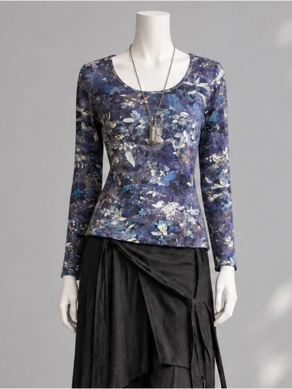Peruvian Connection Pima Cotton Floral Tee M Blue Whimsigoth Long Sleeve Top